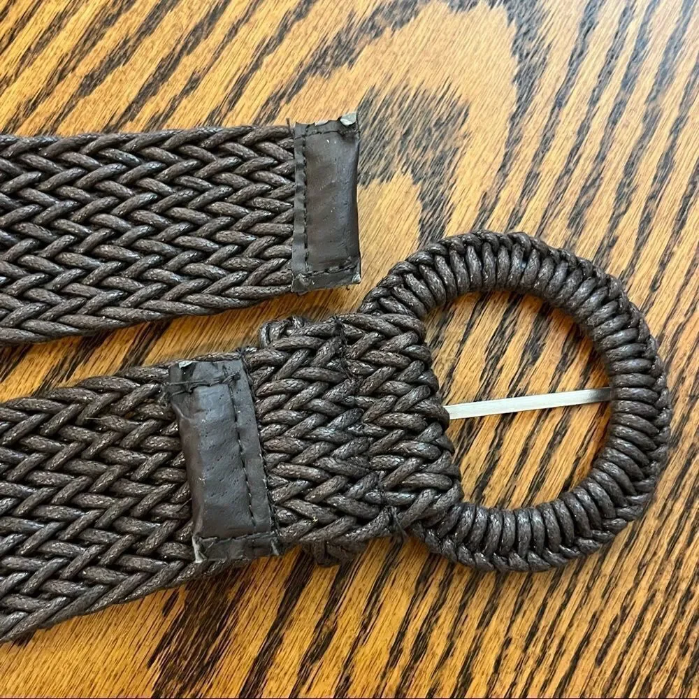 Boho Wide Braided Woven Belt Oversized Round Buckle Cinch Taupe Brown OS